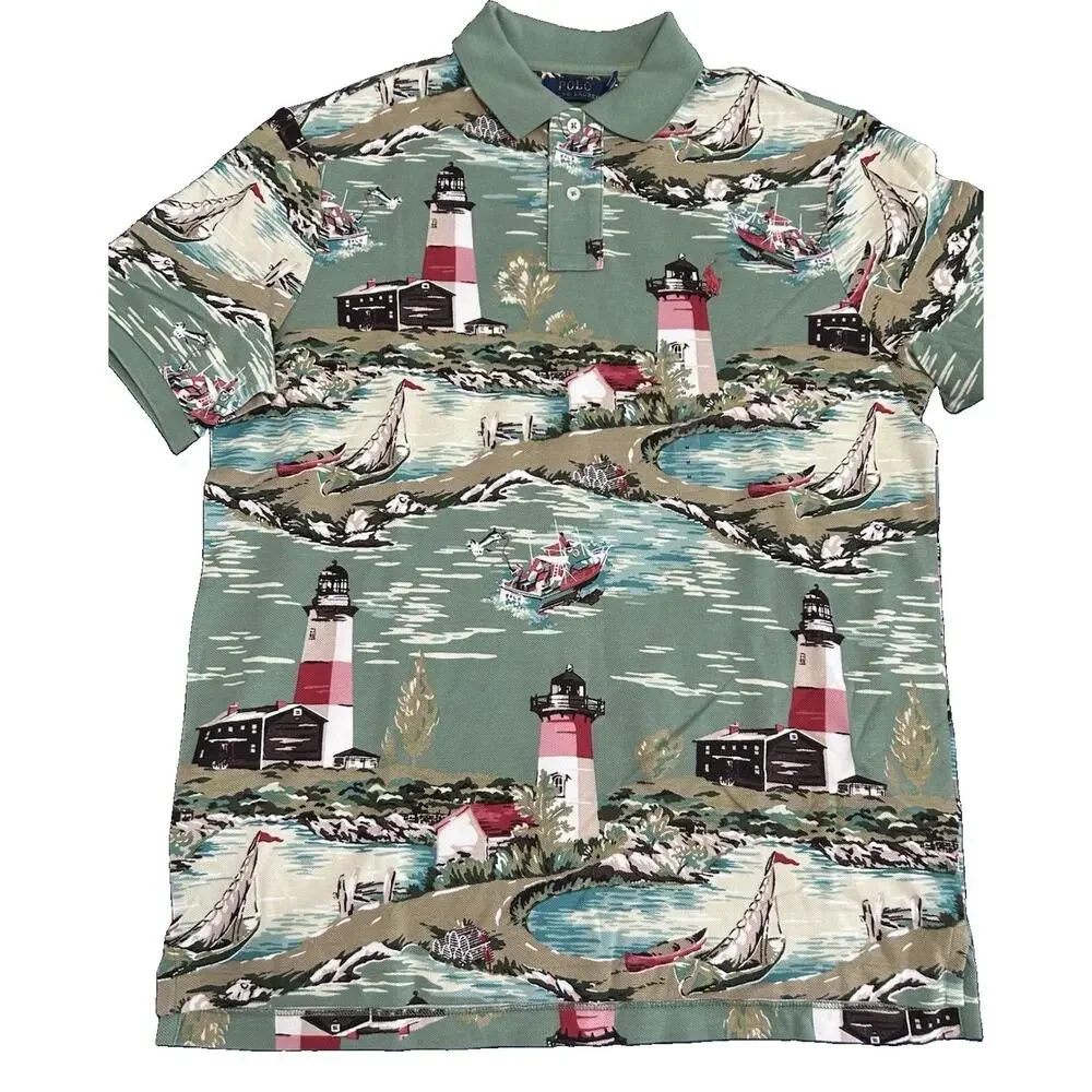 NWT Polo Ralph Lauren Mens Green Lighthouse Ship AOP Print Polo Shirt Sz Medium